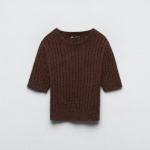 ZARA Fuzzy Ribbed Knit Short Sleeve Teddy Sweater Top in Chocolate Brown
